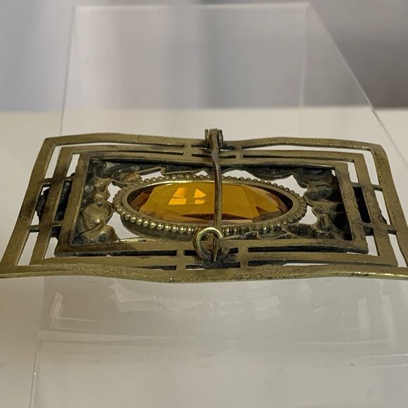 Antique Art Nouveau Brass Sash Pin Amber Glass Stone Open C Clasp 1910s Brooch - Picture 7 of 13